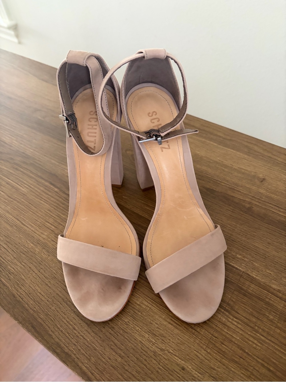 SCHUTZ Blush Suede Ankle-Strap Block Heel Sandals